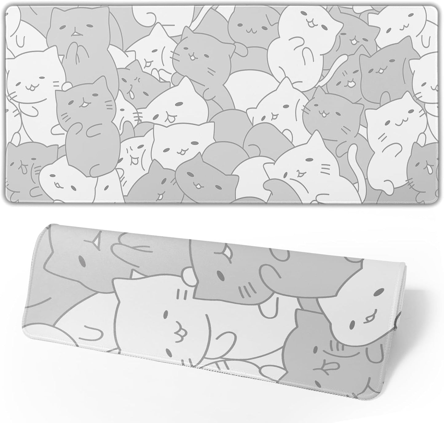 White Kawaii Cats E-Sport Mouse Pad Large Desk Mat Non-Slip Rubber Base Stitched Edge Keyboard Mouse Pad for Office Home E-Sport Computer Laptop, 31.5×11.8 Inches