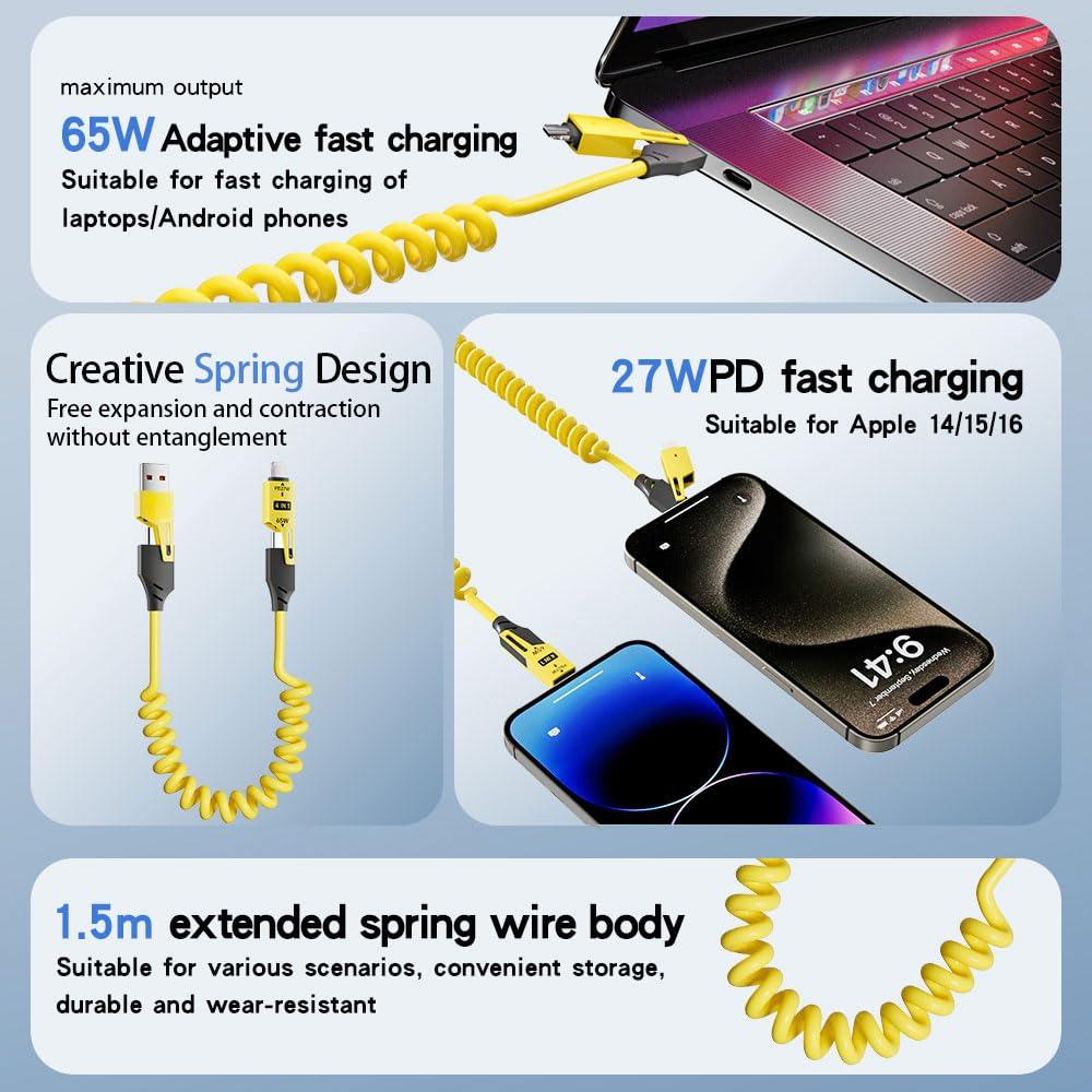 4 in 1 Spring Fast Charging Cable (2Pack), 65W USB-C PD Multi Fast Charging, 1.2m/4ft Coiled Retractable Cable for iPhone Samsung Laptop - Yellow+Green