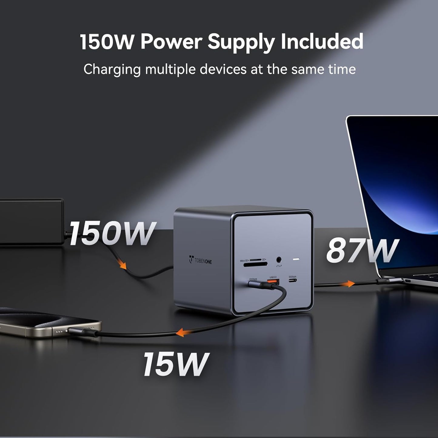 TobenONE USB C Docking Station Dual/Triple Monitors with 150W Power Adapter for Dell/HP/Lenovo/Surface/Asus/Chromebook, 2 HDMI, DP, 5 USB, Ethernet, SD 4.0/Micro SD