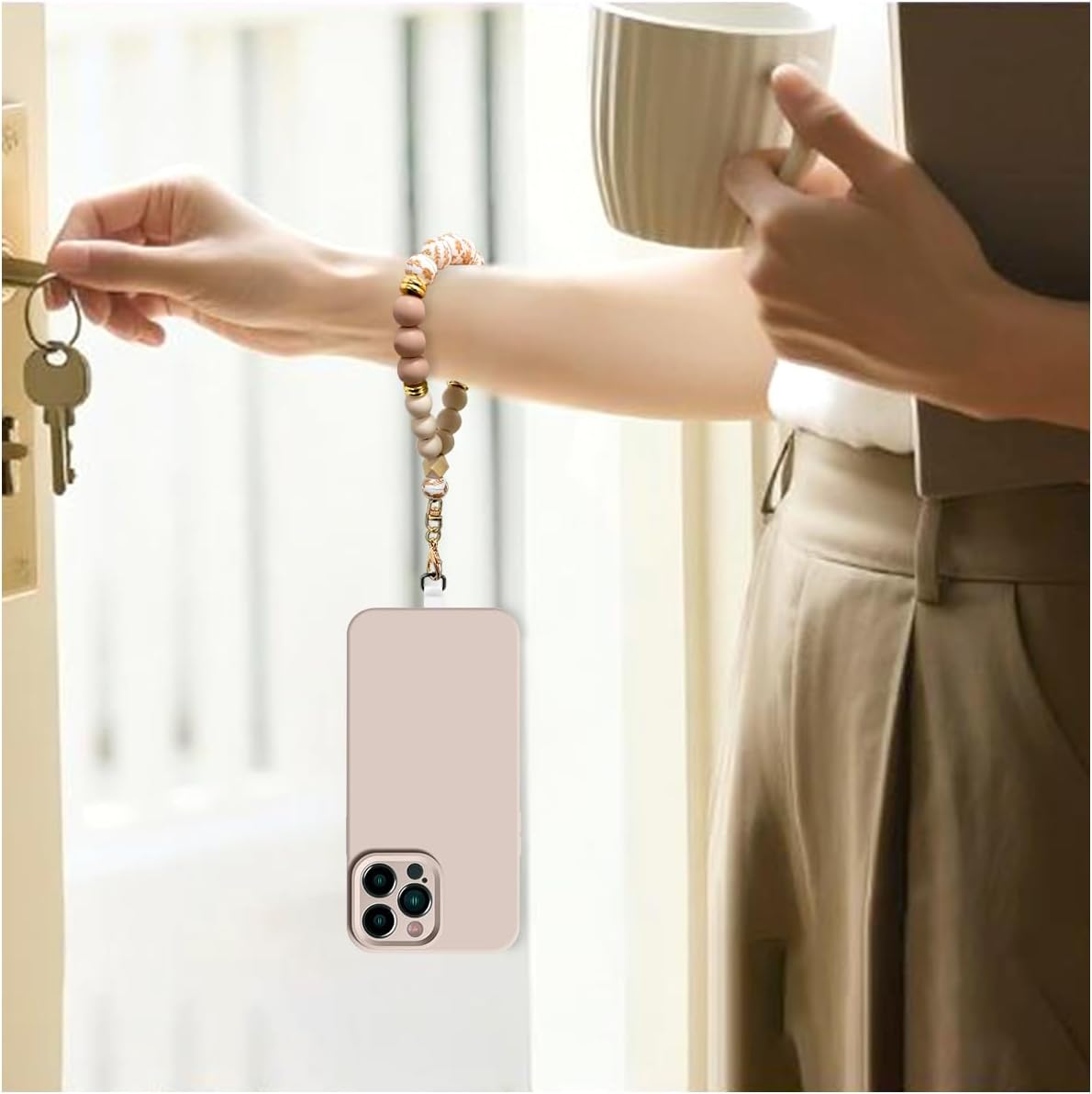 Marble Silicone Beaded Phone Wrist Strap, Cellphone Lanyard with Tether Tab, Elastic Hands-Free Wristlet Bracelet