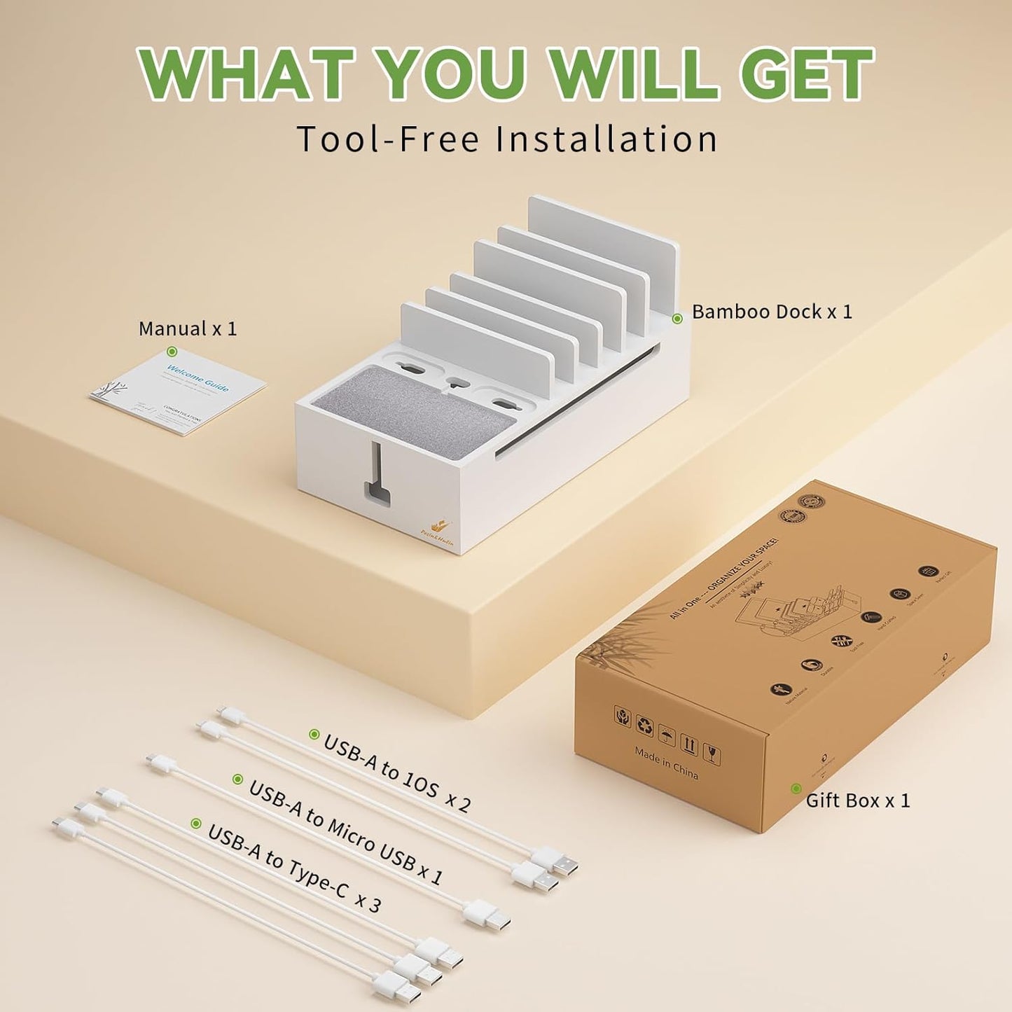 Pezin & Hulin Multi Charger Station Organizer Rack, Bamboo Cable Management Box, Power Strips and Cord Hider, Nightstand Device Organizer (Include 6 Cables)(No Power Charging Supply) -White