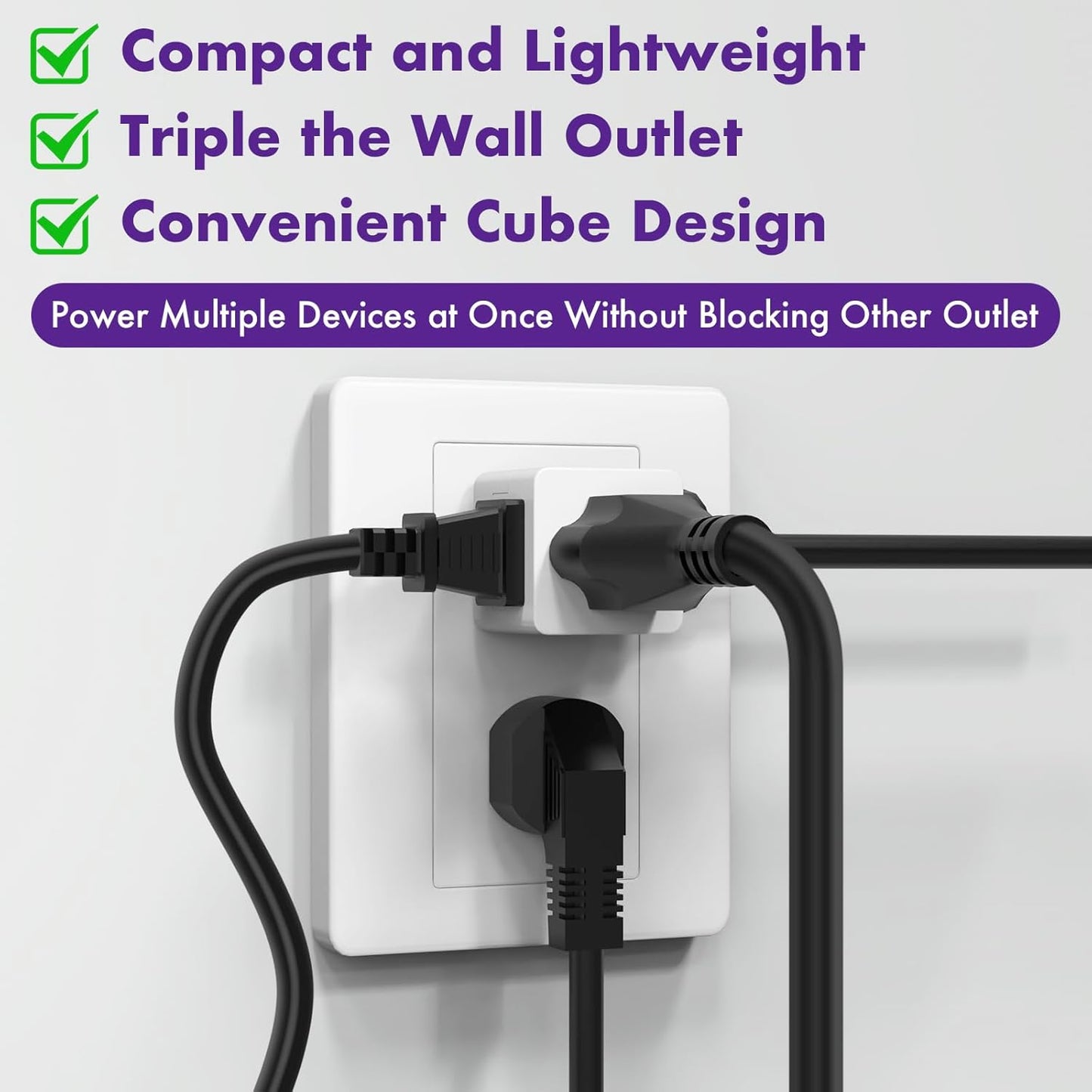 POWERCORDS 3 Power Blocks Outlet Splitter, 3 Pack, Grounded Wall Tap, 3-Prong Plug Adapter AC Multi Plug Wall Outlet, Power Splitter, Cruise Essentials, for Home Office School Dorm, UL Listed, White