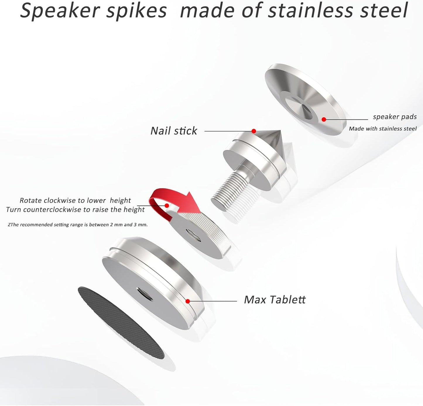 Preffair Adjustable Turntable Feet Stainless Steel Speaker Vibration Isolation Spikes&Pads Subwoofer Floor Protector Shoes Mats Amplifier Vinyl Record Player Shock Absorber Base 4 Sets