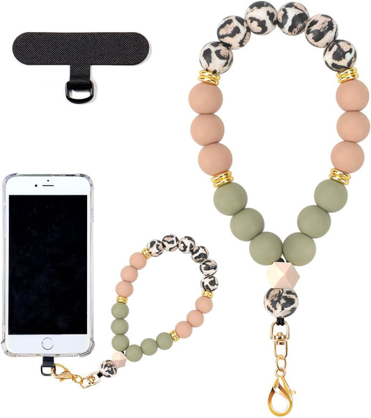 Marble Silicone Beaded Phone Wrist Strap, Cellphone Lanyard with Tether Tab, Elastic Hands-Free Wristlet Bracelet
