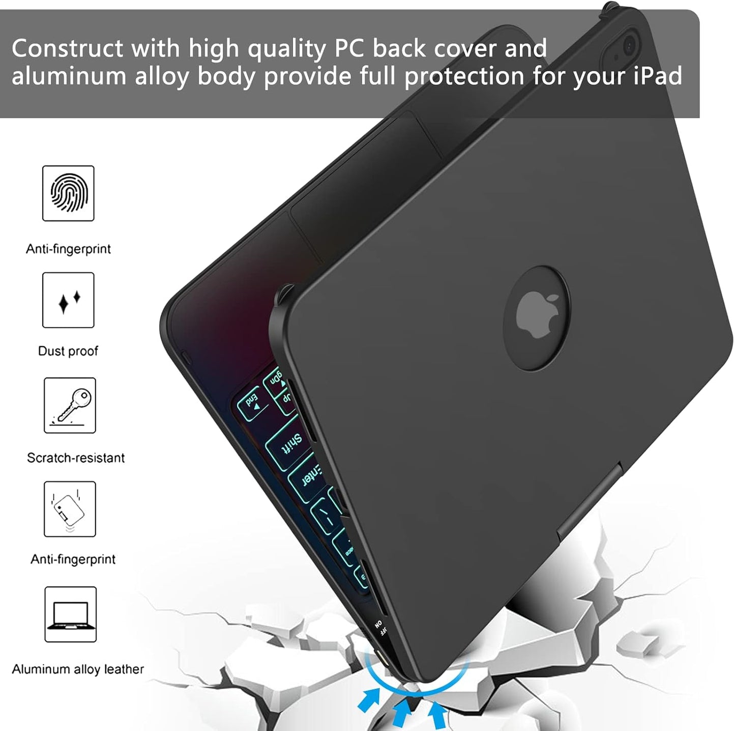 HOTLIFE for iPad A16 11th Generation/10th Generation Case with Keyboard,Touch Keyboard for iPad 11" /10th Gen 10.9 inch 2022-10 Color Backlight, 360° Rotatable Protective Cover (Black)