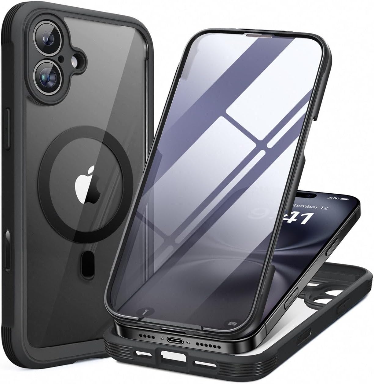 Miracase for iPhone 16 Case 6.1'', Full-Body Bumper Phone case with Built-in Full Glass Screen &Camera Control,No Gap,Compatible with MagSafe,Drop Proof 16 Cover,Black