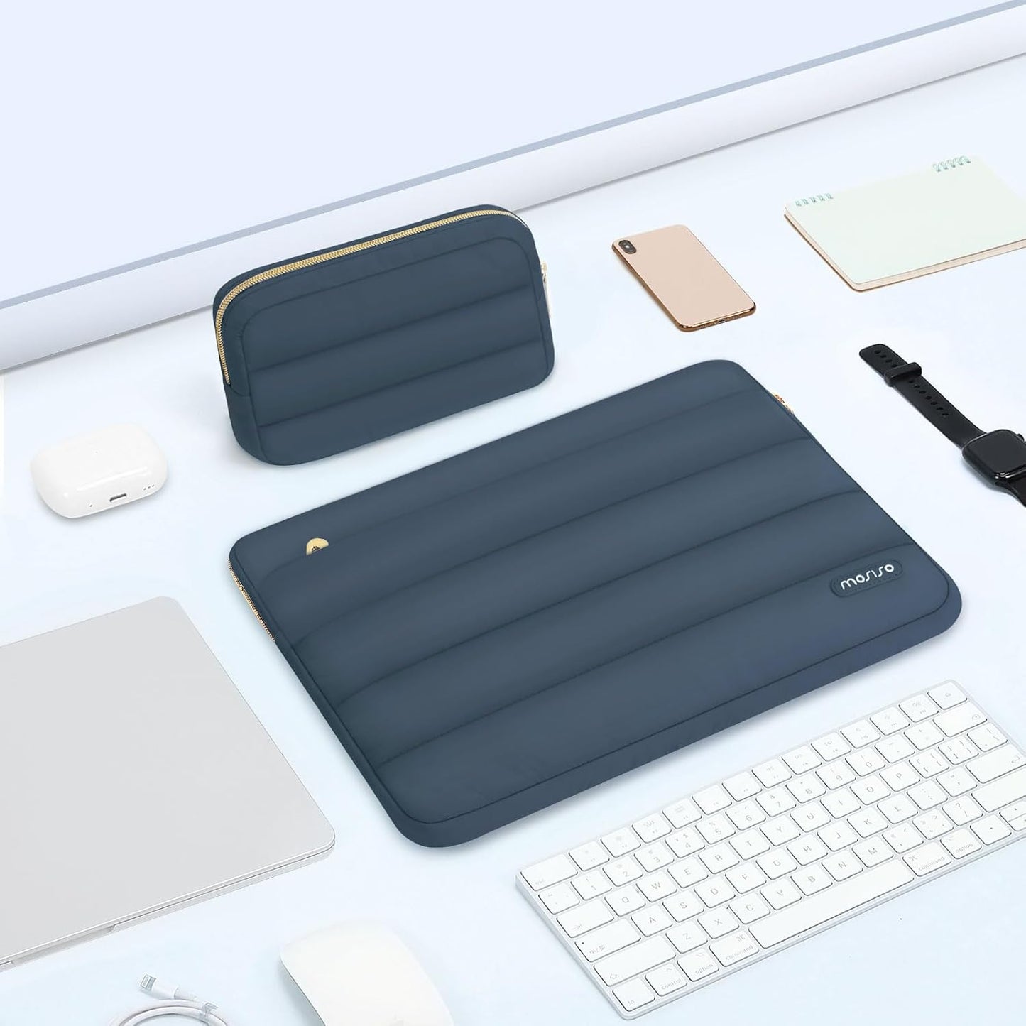 MOSISO 13.3 inch Laptop Case, 13-13.3 inch Puffy Laptop Sleeve Compatible with MacBook Air 13 13.6 M4 M3 M2 M1/Pro 13/Pro 14, HP Dell ASUS Lenovo,Polyester Horizontal Bag with Small Case, Haze Blue