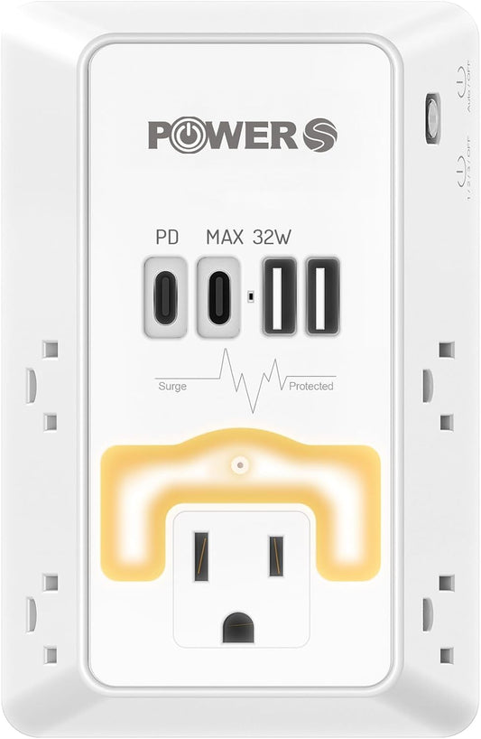 20W PD Fast Charging Wall Outlet with USB Ports (2C2A), Electrical Outlet Extender with Night Light, Surge Protector, Wall Plug Adapter for Multiple Devices, Wall Socket Expander