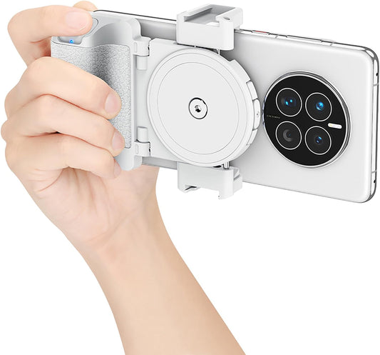 KIWIFOTOS Phone Camera Grip Smartphone Tripod Mount Handle Holder for iPhone 15 14 Pro Max S23 S22 Ultra with Bluetooth Shutter and Cold Shoe Adapter Selfie Vlog Video Shooting-White