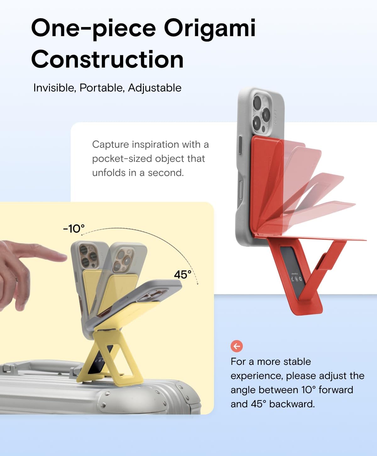 MOFT Phone Tripod Stand Selfie Stick for iPhone, Multi-Angles iPhone Stand, Lightweight & Portable Phone Holder, Strong Magnets, MOVAS Vegan Leather, Travel Essentials, Sunset (Without Card Slot)