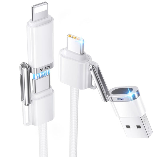 SHEZI 4-in-1 USB C Cable Compatible With Lightning Cable 60W Fast Charging & Data Transfer, Support to CarPlay & Android Auto, 5FT Travel Multi Cord Charger Combo for iPhone/iPad/Samsung/MacBook Cable