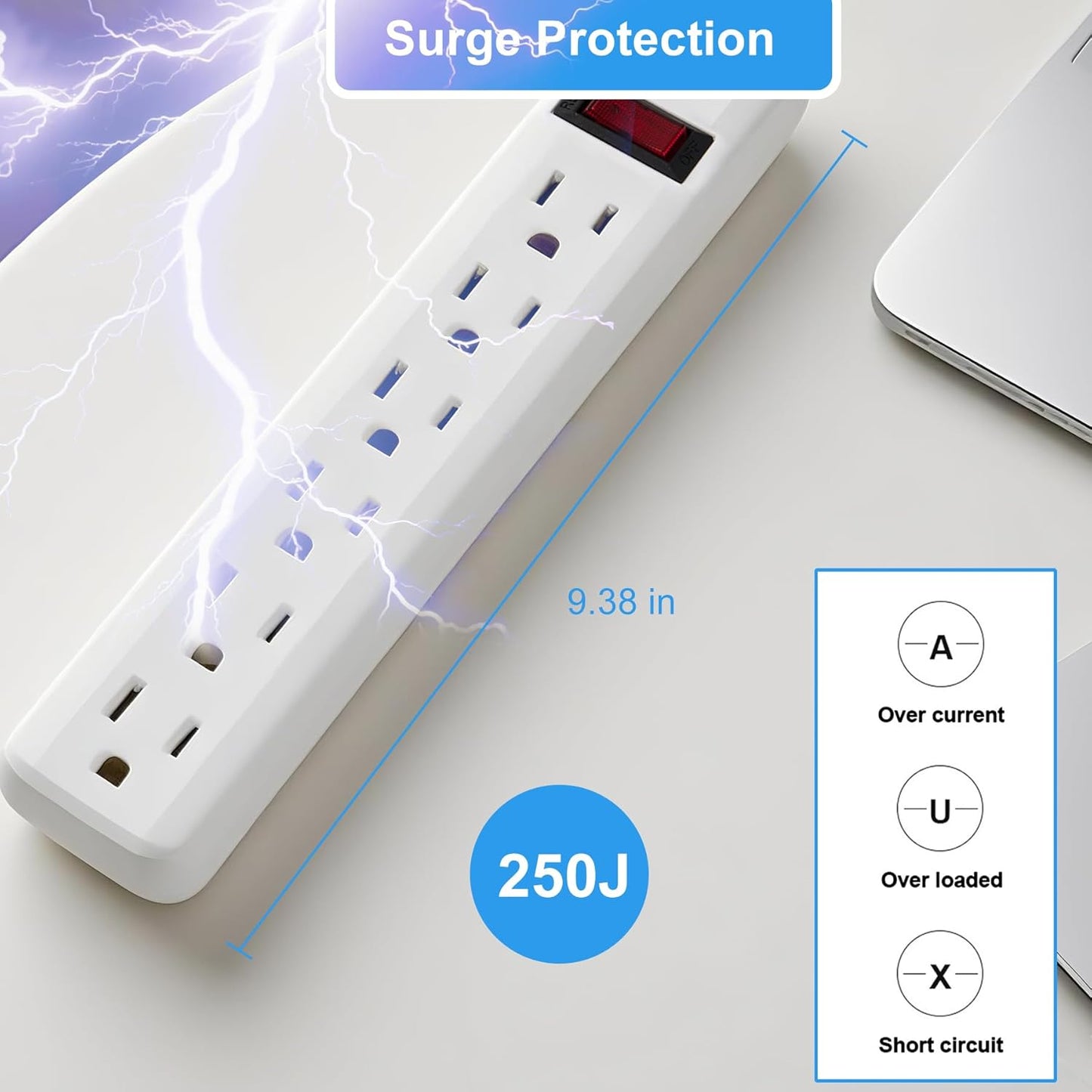 6-Outlet Surge Protector – 250 Joules, 2ft Cord, 15A/125V, 1875W Max – Right Angle Plug, Black – Home, Office, & Electronics Protection