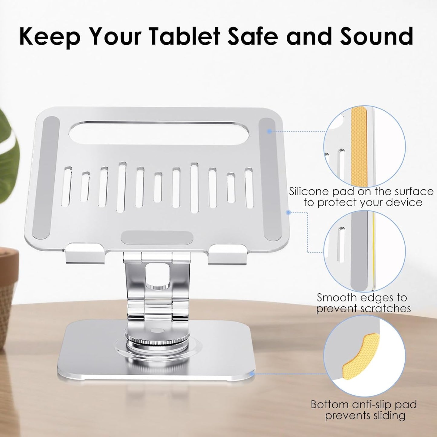 Tablet Stand for Desk, 360° Swivel for iPad Holder, Aluminum Adjustable Tablet Holder, Compatible for iPad Pro Air Mini Surface Pro Samsung Galaxy Tabs Kindle, 4-12.9 inch, Silver