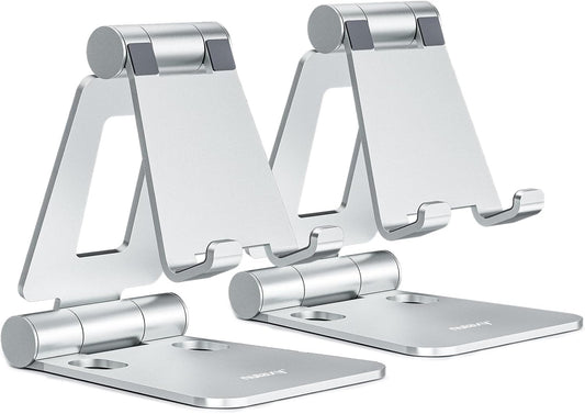 Nulaxy 2 Pack Dual Folding Cell Phone Stand, Fully Adjustable Foldable Desktop Phone Holder Cradle Dock Compatible with Phone 16 15 14 13 12 Pro Xs Xs Max Xr, All Phones, Silver