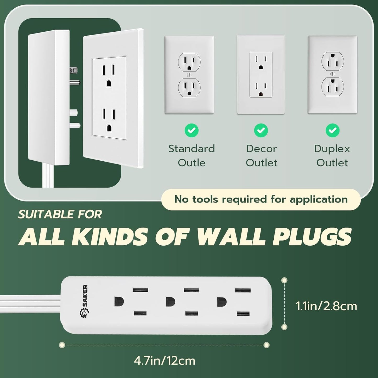 Saker Outlet Concealer Power Strip | 5ft Flat Plug Extension Cord with 3 Outlets,1625W | Universal Size Baby Proof Outlet Cover Extension Cord for Kitchen, Home and Office