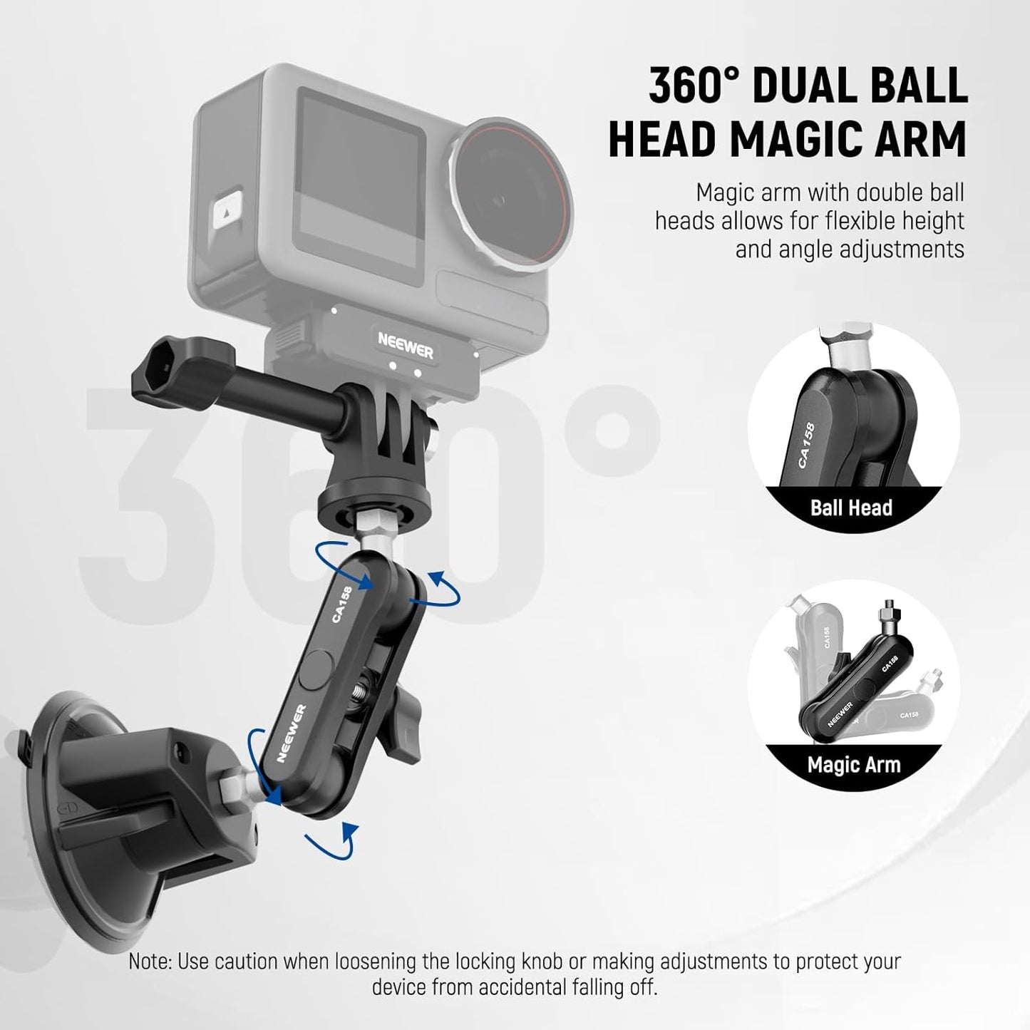 NEEWER Suction Cup Phone Holder & Camera Mount Compatible With GoPro DJI Insta360 iPhone, Car Phone Mount with Action Camera Adapter 360° Magic Arm for POV Windshield Glass Vlog Video Recording, CA158