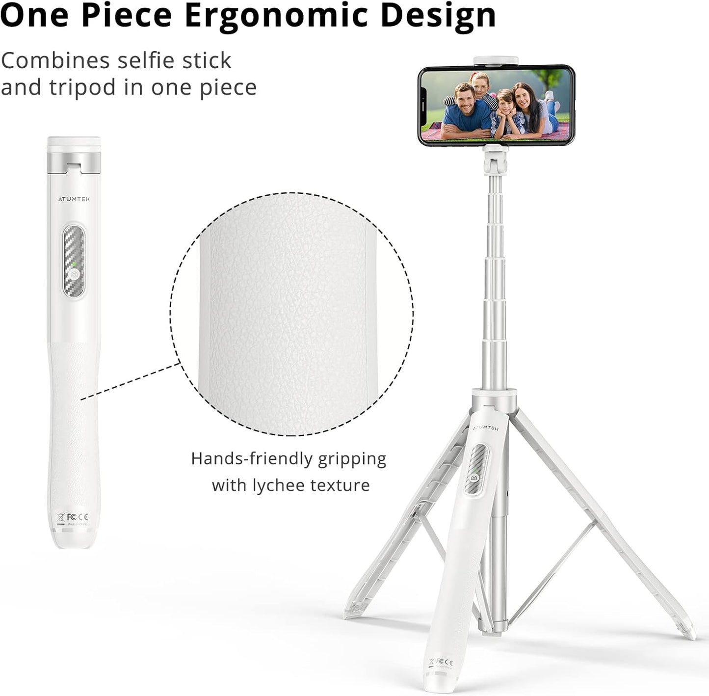 ATUMTEK 51" Selfie Stick Tripod, All in One Extendable Phone Tripod Stand with Bluetooth Remote 360° Rotation for iPhone and Android Phone Selfies, Video Recording, Vlogging, Live Streaming, White