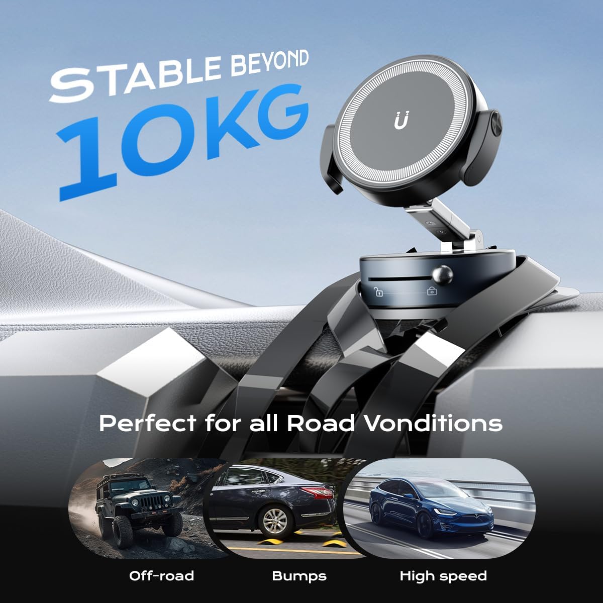 360° Rotation Clip on Car Phone Mount, 2 IN 1 Adjustable Magnetic Car Phone Holder Vacuum Suction Cup Phone Stand Foldable Cellphone Mount with Concealable Ears for All Smartphones