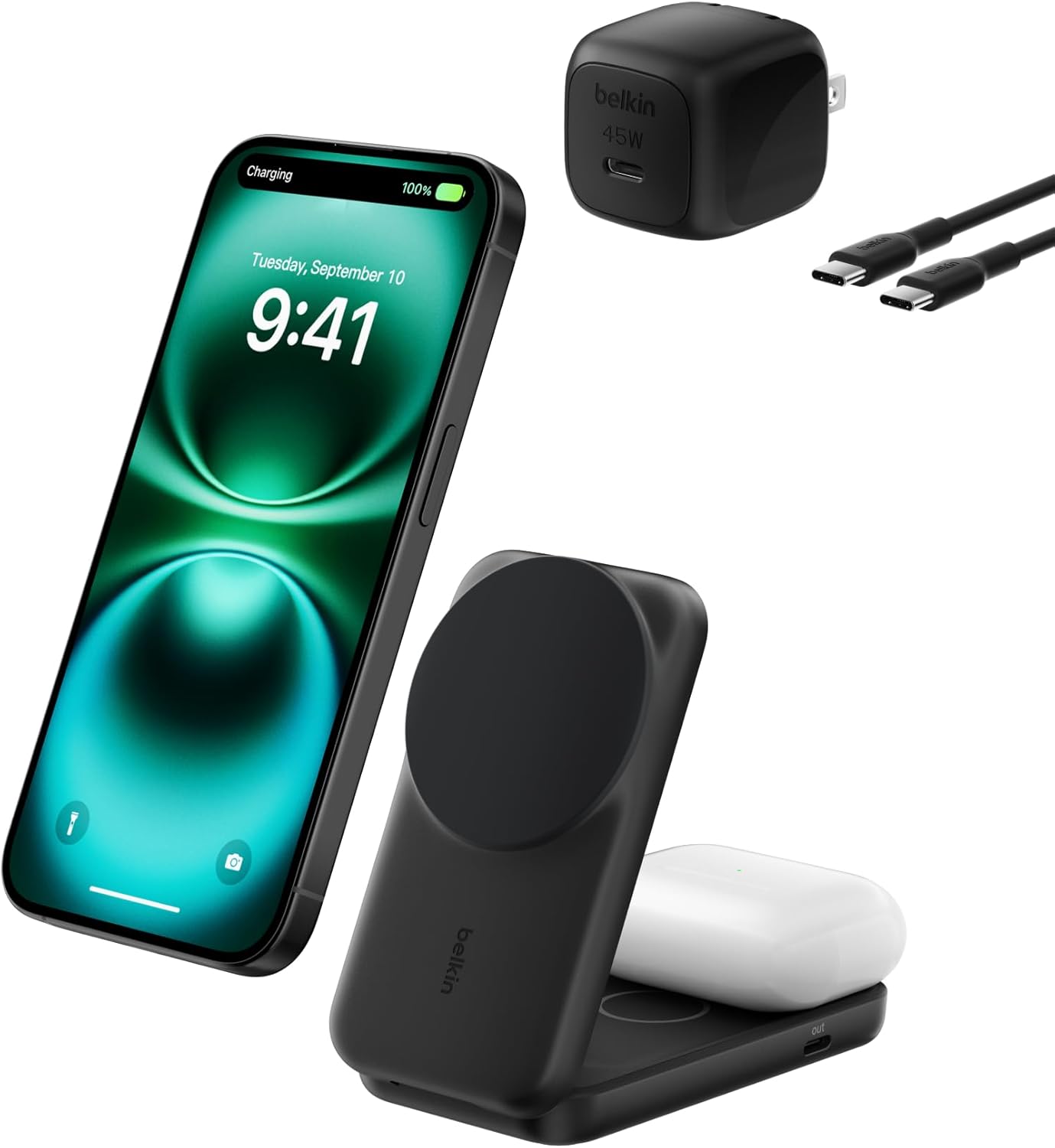 Belkin MagSafe Charger Compatible, 2-in-1 Charging Station, Qi2.2 25W Magnetic Wireless Charger Dock, Foldable Stand, with 5W USB-C Port, for iPhone 16/15/14, AirPods (45W Adapter Included)