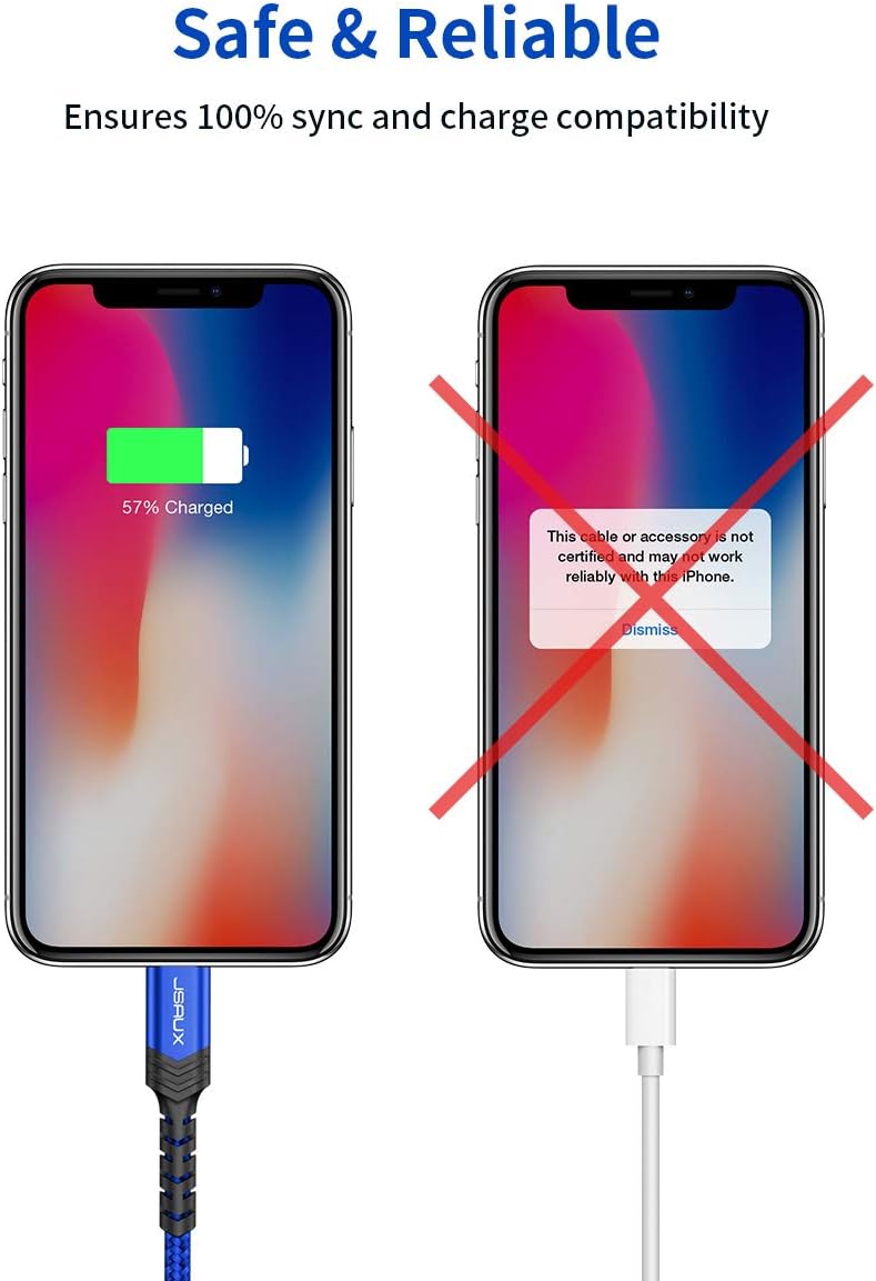 JSAUX Apple MFi Certified Lightning Cable 6ft, iPhone Charger Cable Nylon Braided Heavy Duty, Upgraded C89 USB Lightning Cord for iPhone 11 Xs Max X XR 8 7 6s 6 Plus SE 5 5s, iPad, iPod-Blue