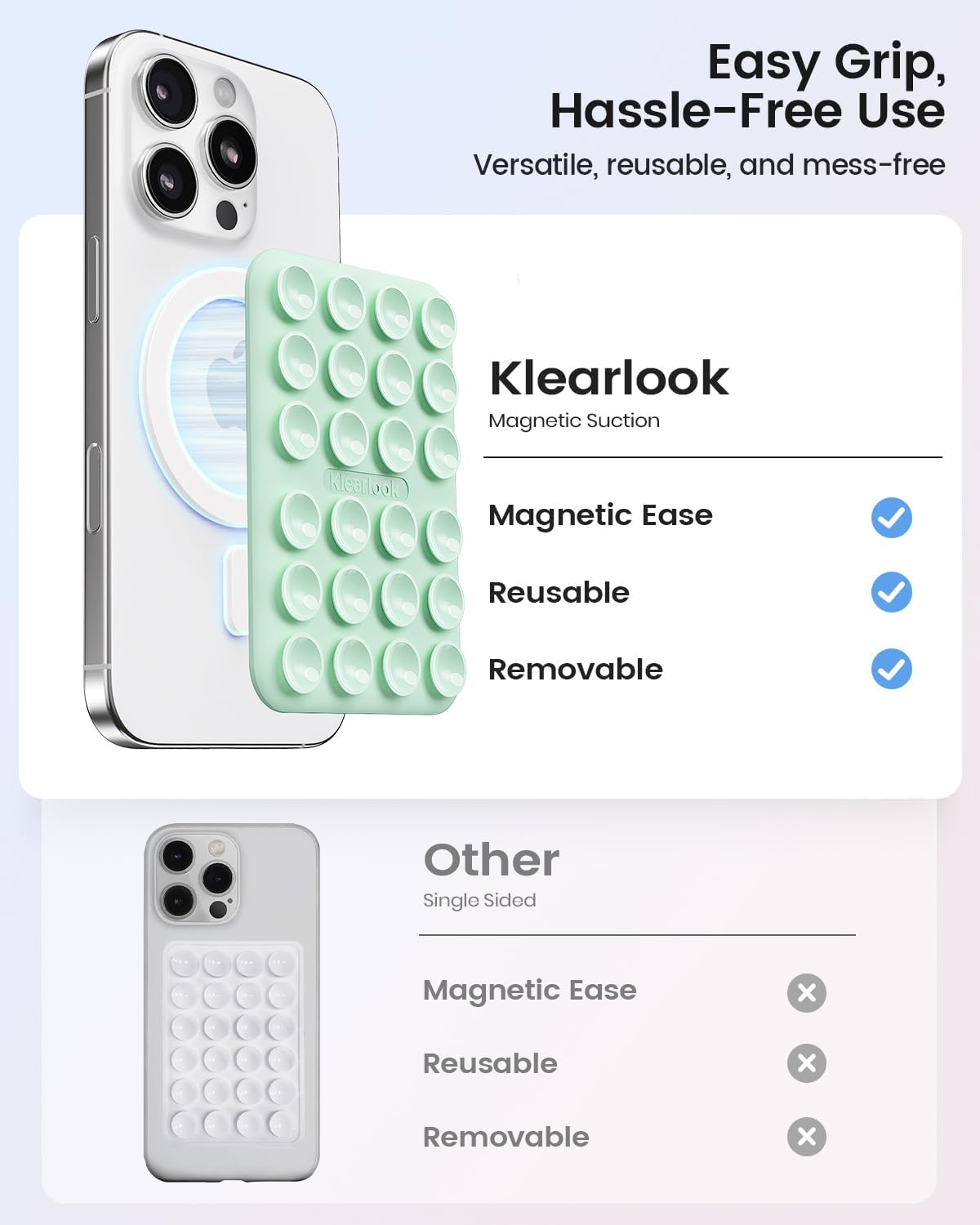 Klearlook Magnetic Suction Phone Mount for MagSafe Case, Removable Sticky Phone Grip Holder for Hands-Free Makeup/Selfie/Live Streaming/Vlog for TikTok & Instagram Influencer/Creator, Light Green