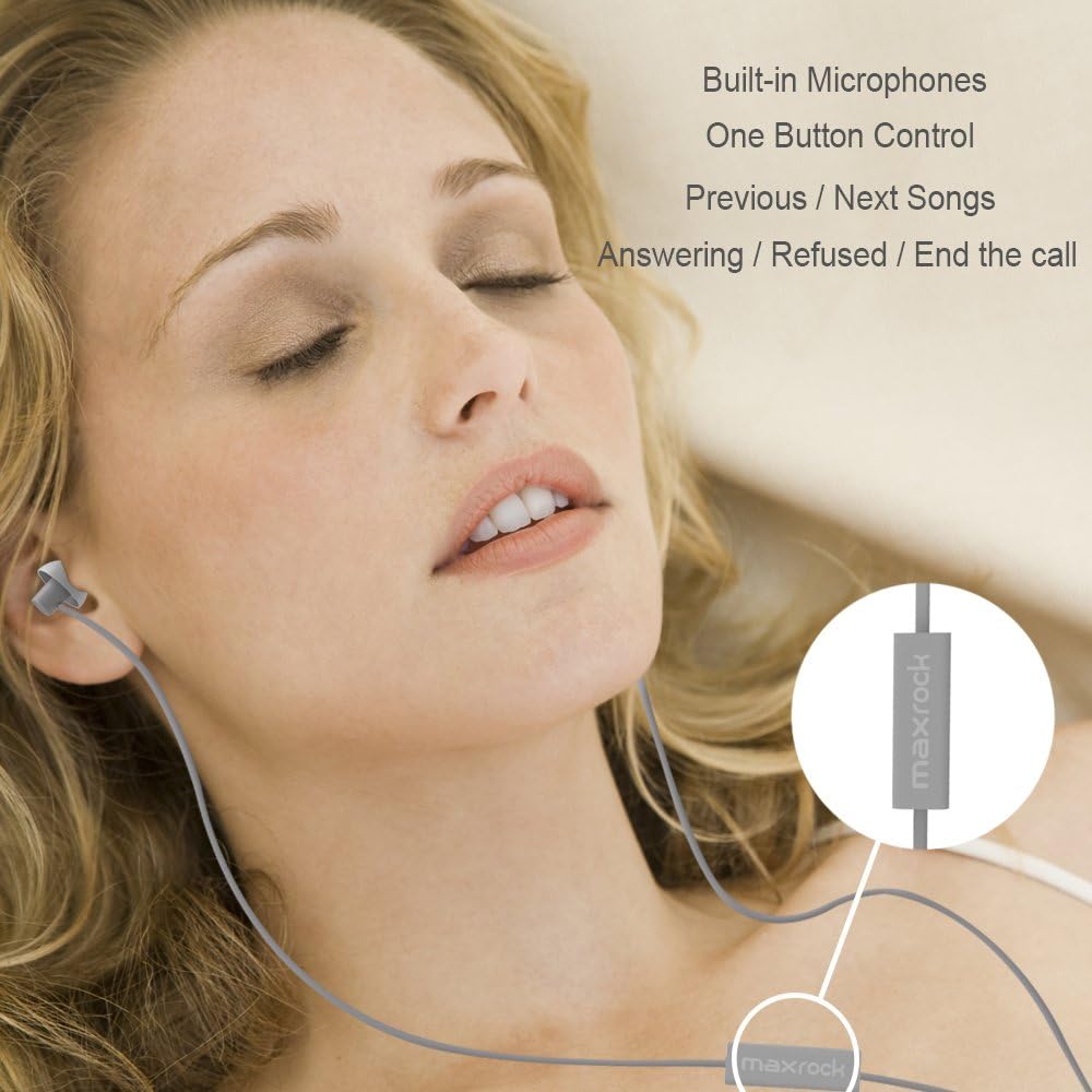 MAXROCK (TM Unique Total Soft Silicon Sleeping Headphones Earplugs Earbuds with Mic for Cellphones,Tablets and 3.5 mm Jack Plug (Grey)