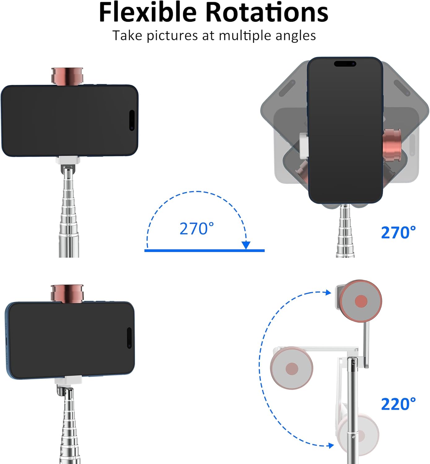 Aluminum Alloy Selfie Stick Tripod with Remote, Foldable Travel Tripod Stand 270 Rotation Compatible with iPhone/Android/Go Pro Camera