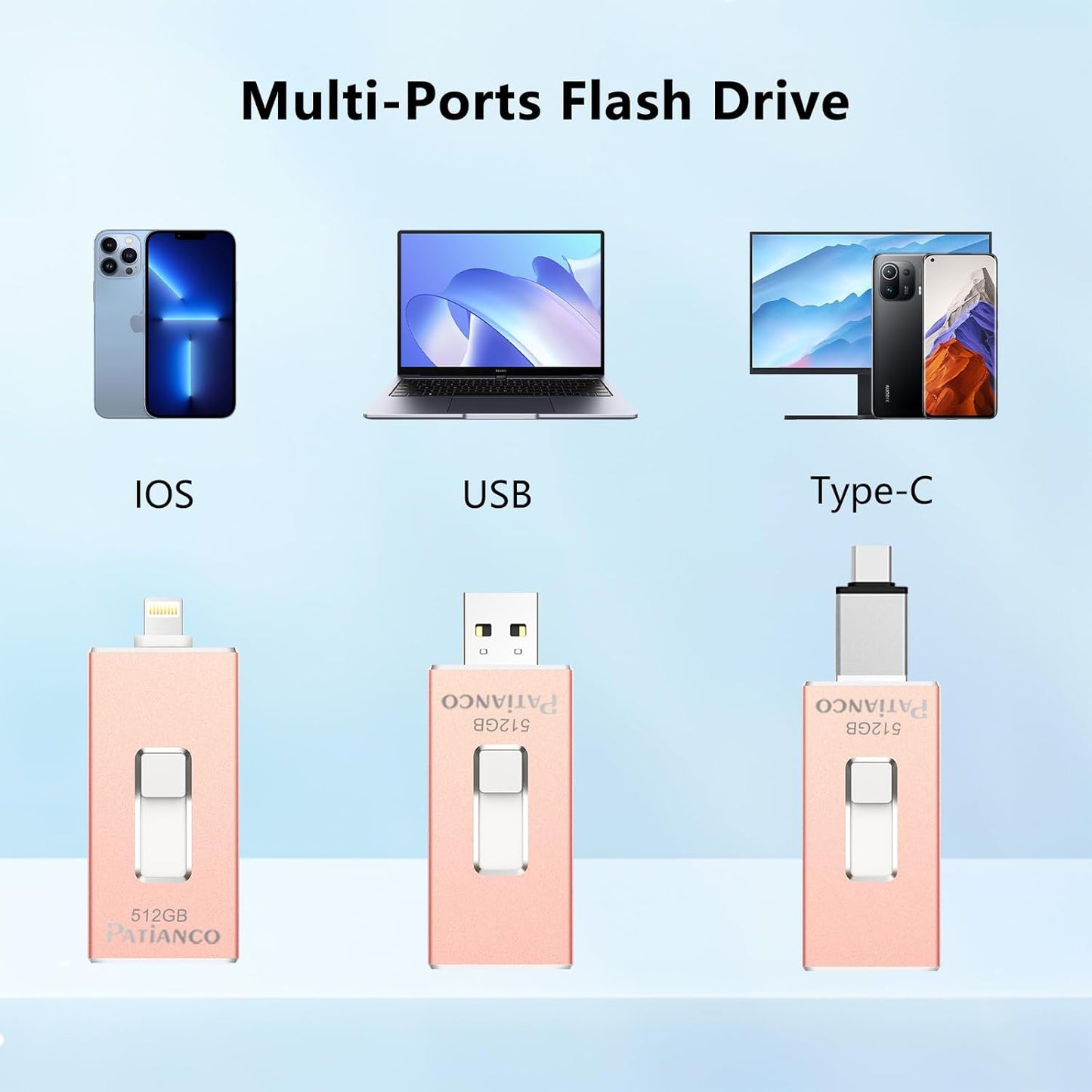 Photo Stick Apple MFi Certified for iPhone 256GB, USB Flash Drive for iPhone Thumb Drive, iPhone-Memory-Stick for iPad/iPhone/Computer Picture Keeper Portable Hard Drive Pink