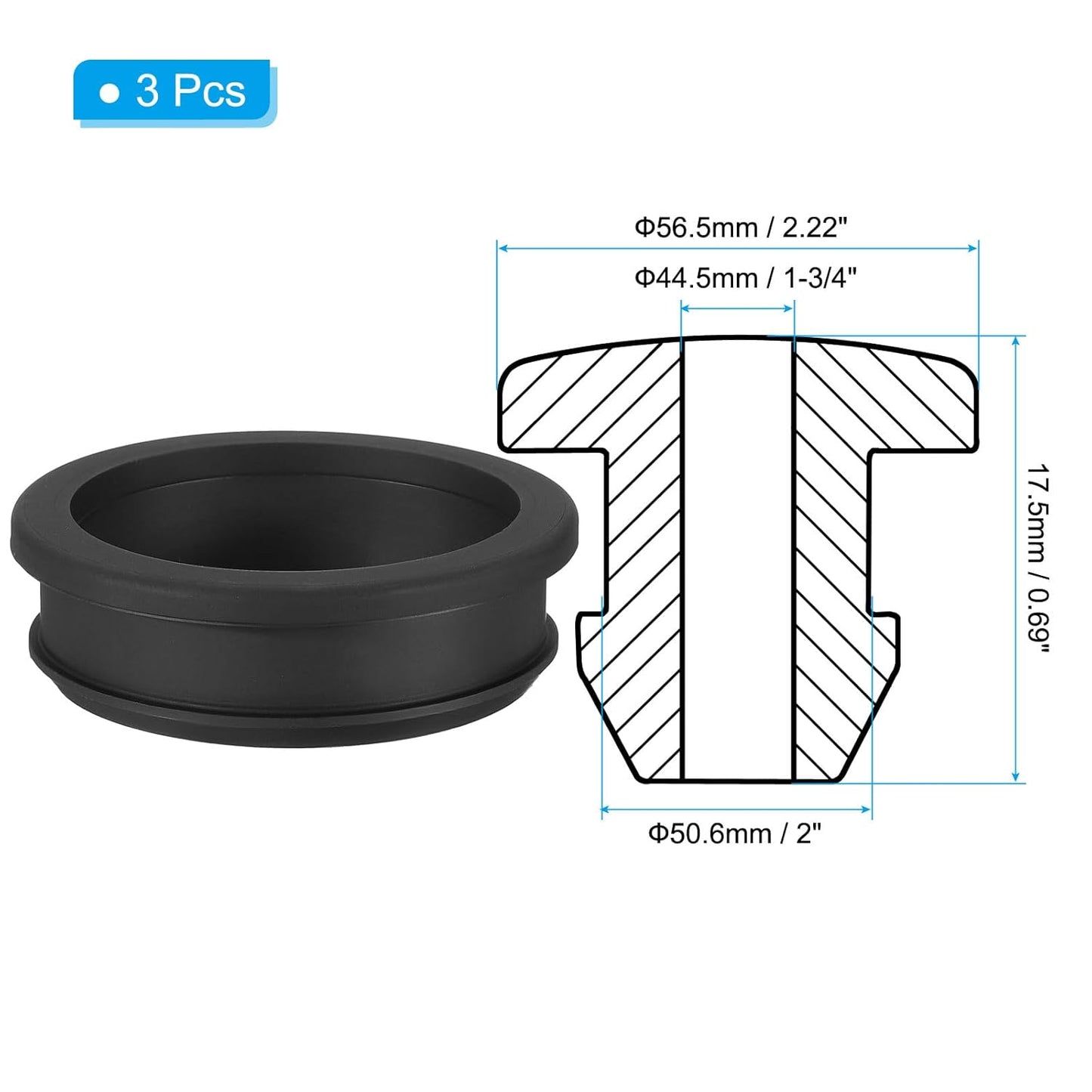 PATIKIL 50.6mm / 2 Inch Drill Hole,1-3/4 Inch ID Rubber Grommets, 3Pcs Top Hat Grommet for Wiring Eyelet Ring Gasket Automotive Firewall Cable Hole Plugs Wires Protection, Black