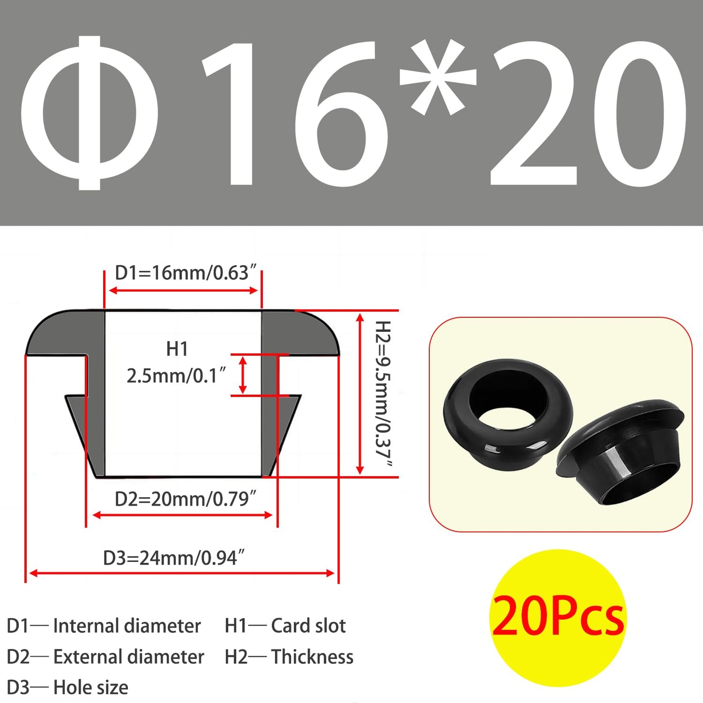Qrity 20 PCS Rubber Grommets Cable Railing, Car Grommet, Cable Railing Protective Sleeves for Metal Posts, ID 16mm Mount Dia 20mm