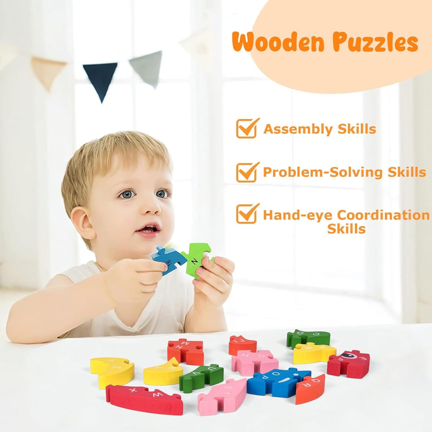 LovesTown Wooden Puzzle for Toddlers, Educational Alphabet and Number Jigsaw, Building Blocks for Preschool Learning, Dolphin Theme, 26 PCS