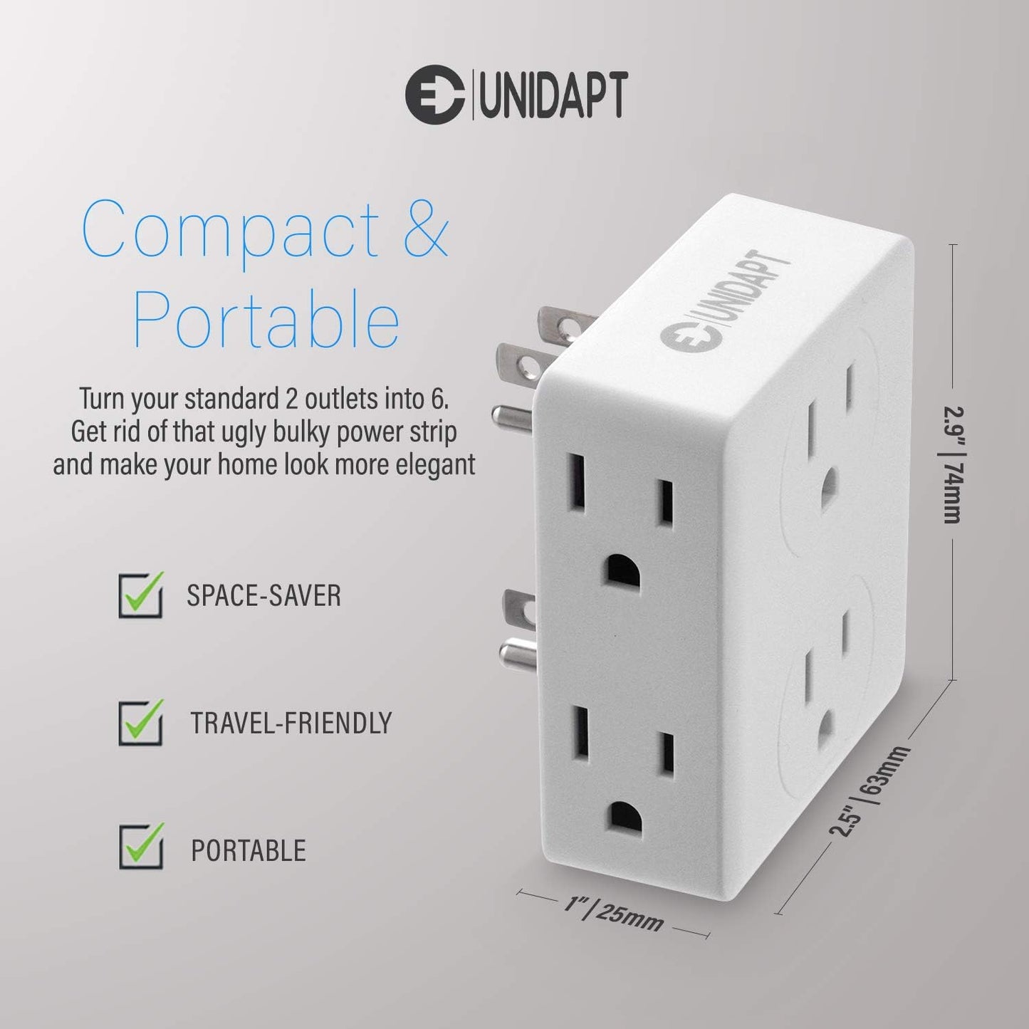 Multi Plug Outlet Splitter, Unidapt Multiple Outlets Extender Adapter with 6 AC Power Socket, Side Splitter Box, Wall Tap Plug Expander for Home Hotel Office Dorm Essentials, 2-Pack