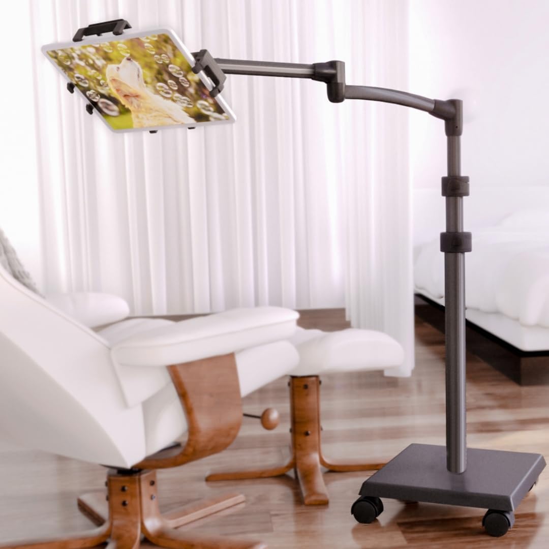 LEVO G2 Deluxe Premium Tablet Floor Stand with Long Extension Arm – Adjustable Rolling iPad Holder & Mobile Cart for Bed, Sofa, or Office–Ergonomic 5-Axis Arm, 30–56″ Height, Fits up to 13.5″ Devices