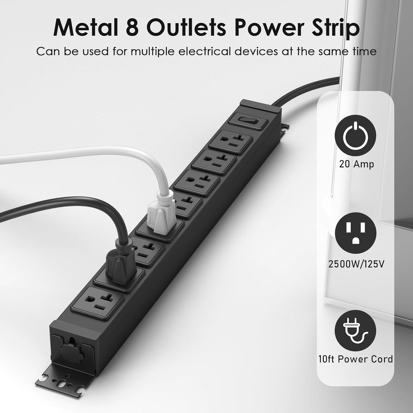 JUNNUJ Heavy Duty Power Strip Wall Mount, 20 Amp Surge Protector 1200J Metal 8 Outlet Under Desk Mounted 20A, Garage Power Table Socket Industrial Outlets 6-20R T-Slot, Black-10FT 12AWG Extension Cord