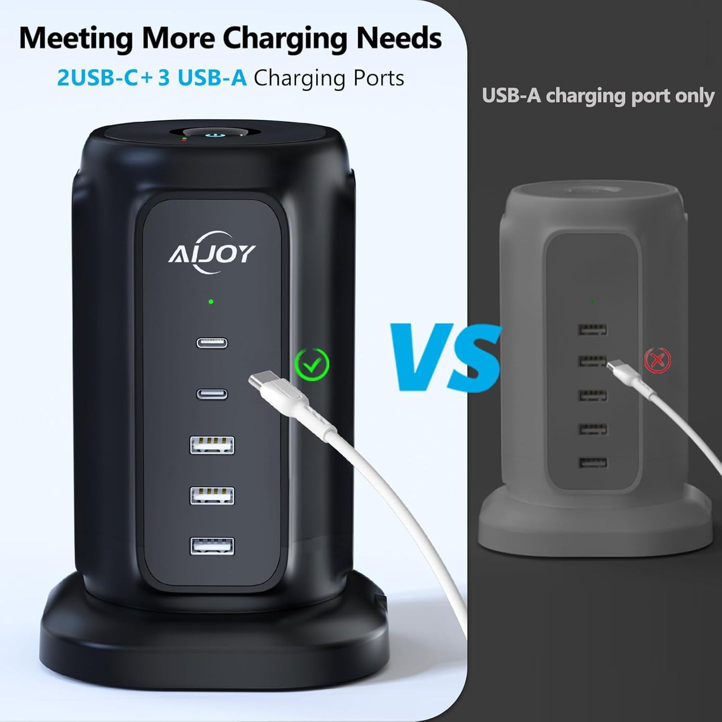 AiJoy Flat Plug Power Strip Tower with 9 Outlets and 5 USB Ports (2 USB-C), 1200J Surge Protection, 1625W Extension Cord with Multiple Outlets Charging Station for Home Dorm Office Supplies