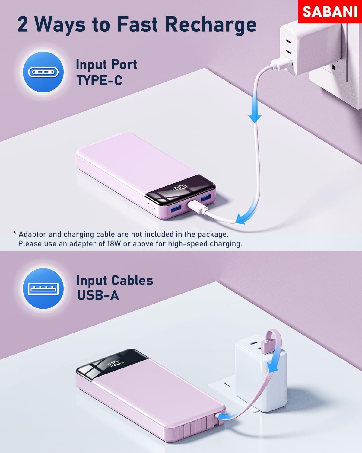 SABANI Portable Charger 35000mAh Power Bank - Portable Battery with 4 Built in Cables, 22.5W Fast Charging Battery Pack Compatible with iPhone 16 15 14 13 Samsung Android Phone etc (1 Pack, Purple)