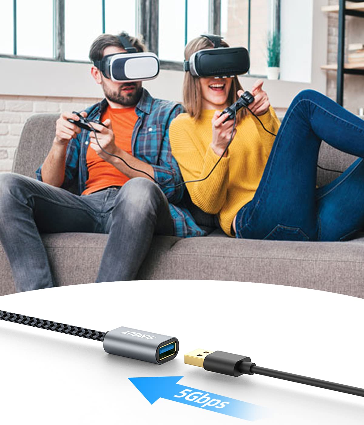 SUNGUY 5Gbps USB 3.0 Extension Cable, 1FT USB A Male to Female Extender Cord, Braided High Data Transfer Compatible with Xbox, Hard Drive, Webcam, USB Keyboard, Mouse, Flash Drive, Oculus VR