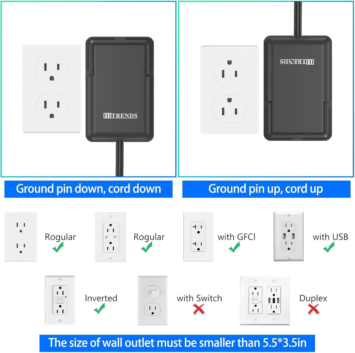 6FT Ultra Flat Plug Dual Extension Cord with 6 Outlets, Ultra-Thin Outlet Cover Power Bar, Outlet Concealer Universal Size Flat Plug Power Strip, Child & Pet Safe, 1625W, Black
