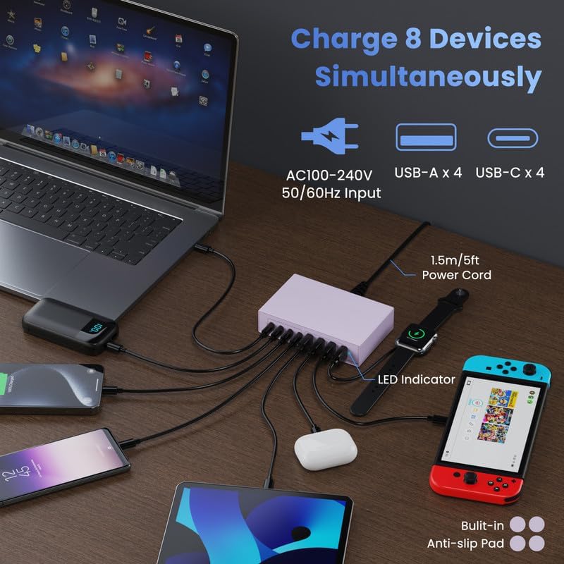 200W USB C Charger Block, 8-in-1 GaN III USB C Charger Fast Charging Station Hub, PD 65W Laptop Charger Adapter Travel Charger, for MacBook Pro/Air/Dell XPS/iPhone 16/15/14/iPad/Galaxy S24 (Purple)