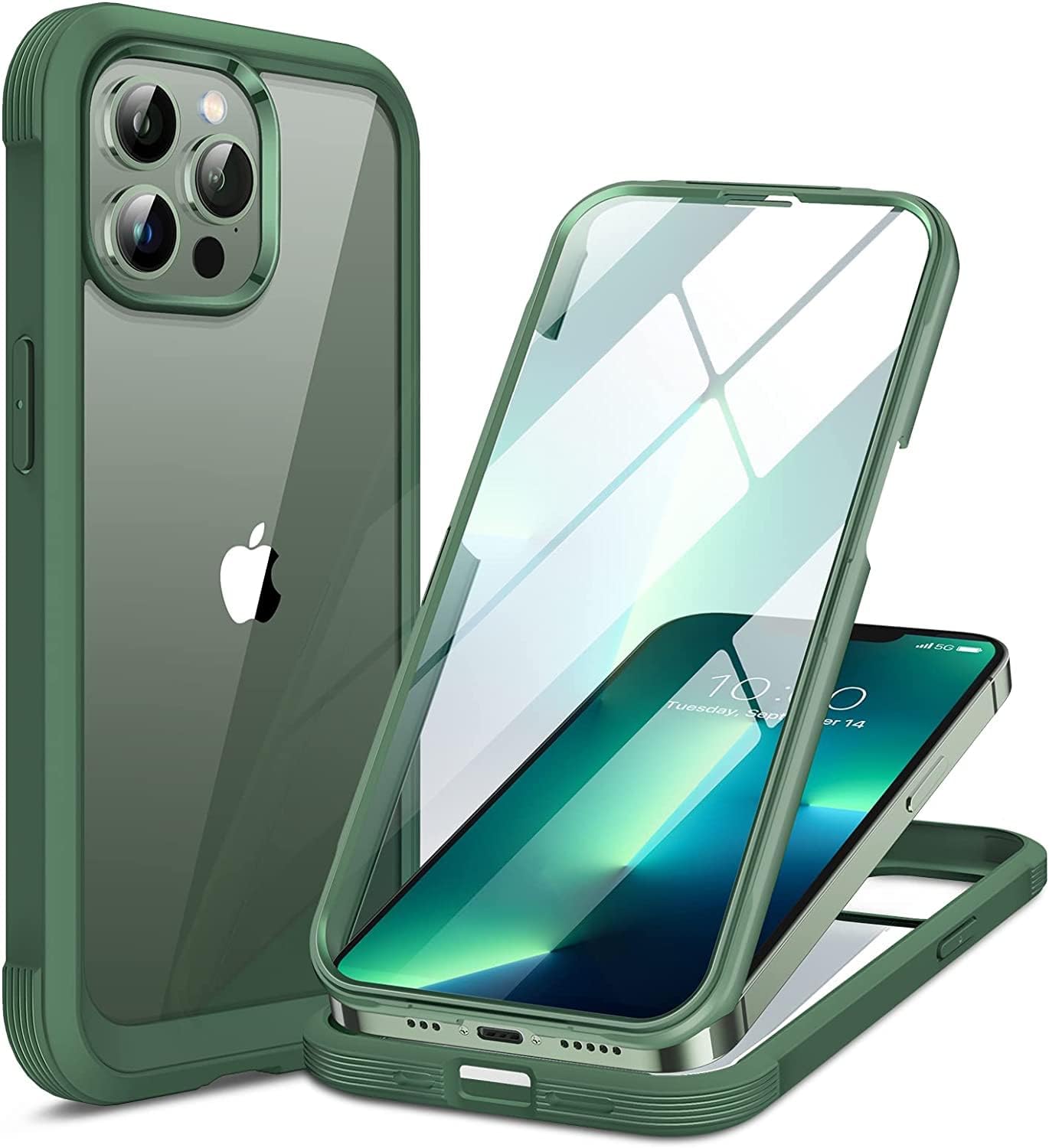 Miracase Glass Case for iPhone 13 Pro Max 6.7 inch, Upgrade Full-Body Clear Phone Bumper Case Cover with Built-in 9H Tempered Glass Screen Protector, Acacia Green