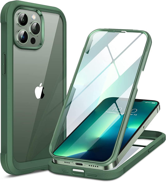 Miracase Glass Case for iPhone 13 Pro Max 6.7 inch, Upgrade Full-Body Clear Phone Bumper Case Cover with Built-in 9H Tempered Glass Screen Protector, Acacia Green