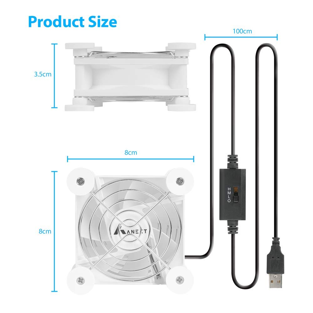 ANEXT, USB Fan, USB Computer Fan, Silent Fans for Receiver DVR PlayStation Xbox Computer, (80mm,White)