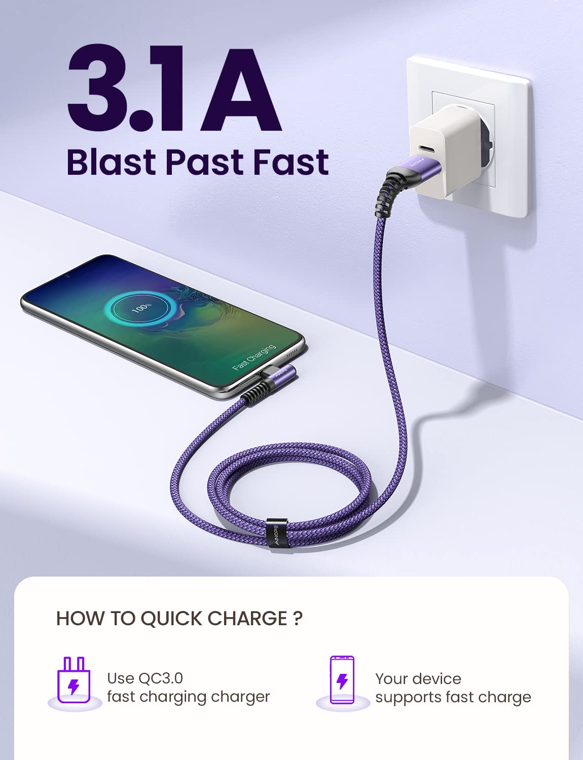 AINOPE 4-Pack [10/6.6/3.3/3.3ft] USB C Cable, 3.1A C Charger Cable Fast Charging, Right Angle Type C Charger Nylon Braided Compatible with Galaxy S10 S9 S8 Plus S21 S20, Note 10 9 8, LG Google Pixel