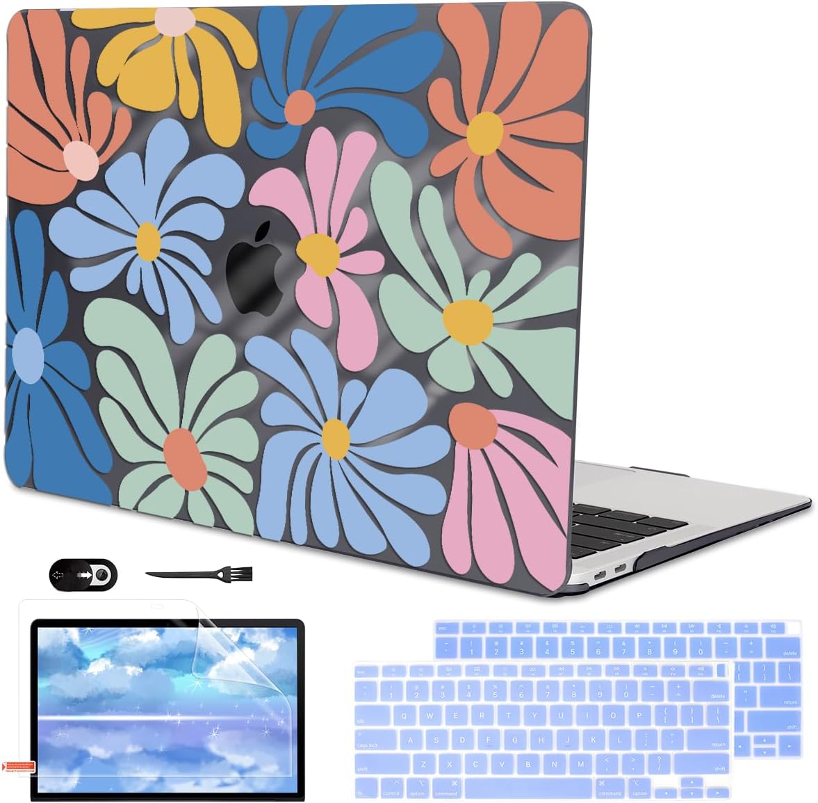 Compatible with 2021 2020 2019 2018 MacBook Air 13 inch Case M1 A2337 A2179 A1932 Touch ID, Crystal Printed Pattern Plastic Hard Shell Case for Mac Air 13 M1 2021, Colorful Flowers Black
