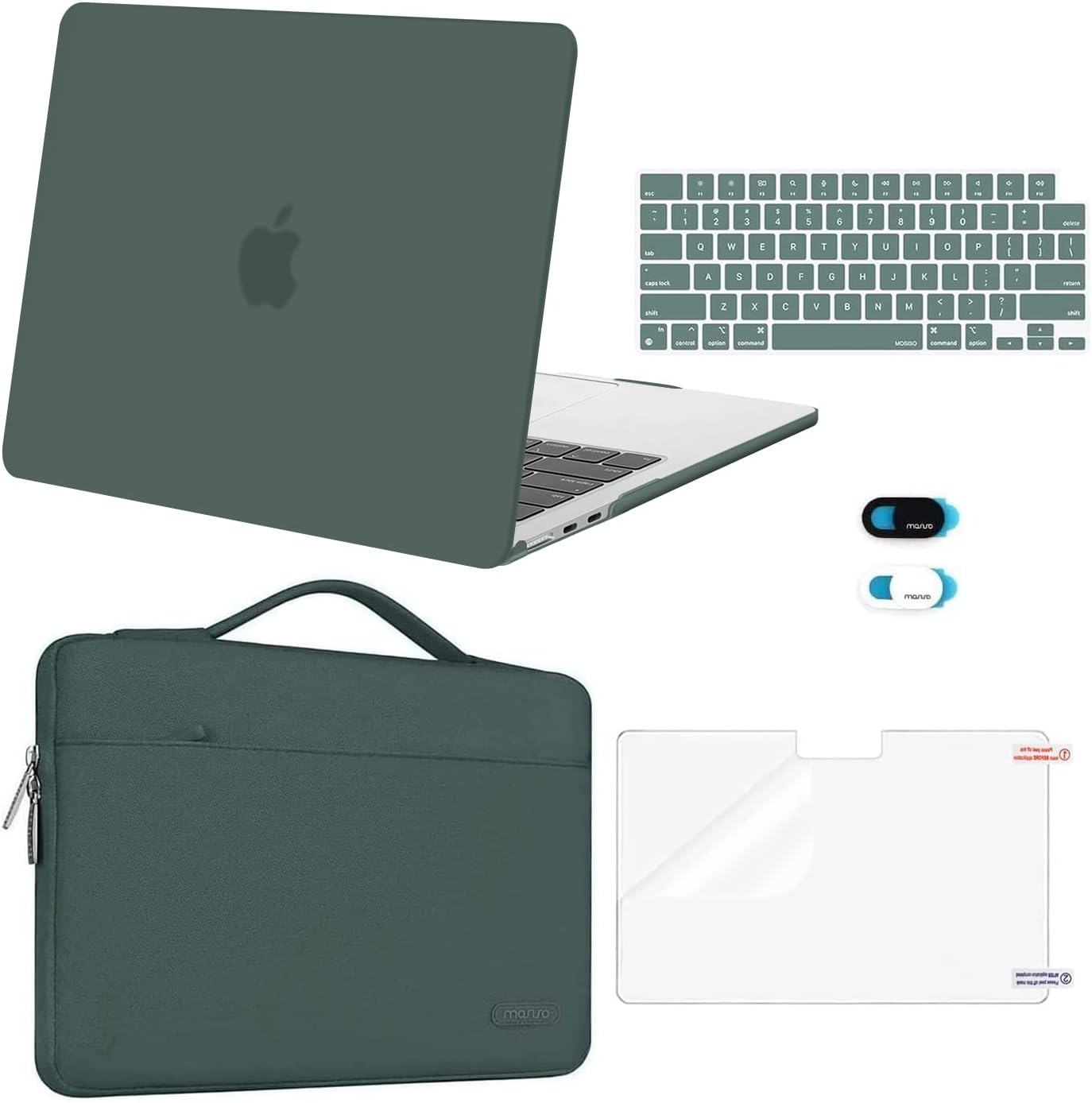 MOSISO Compatible with MacBook Air 13 inch Case 2025 2024 2023 2022 M4 A3240 M3 A3113 M2 A2681, Hard Shell&Sleeve Bag&Keyboard Skin&Webcam Cover&Screen Film for MacBook Air 13.6 inch, Emerald Green