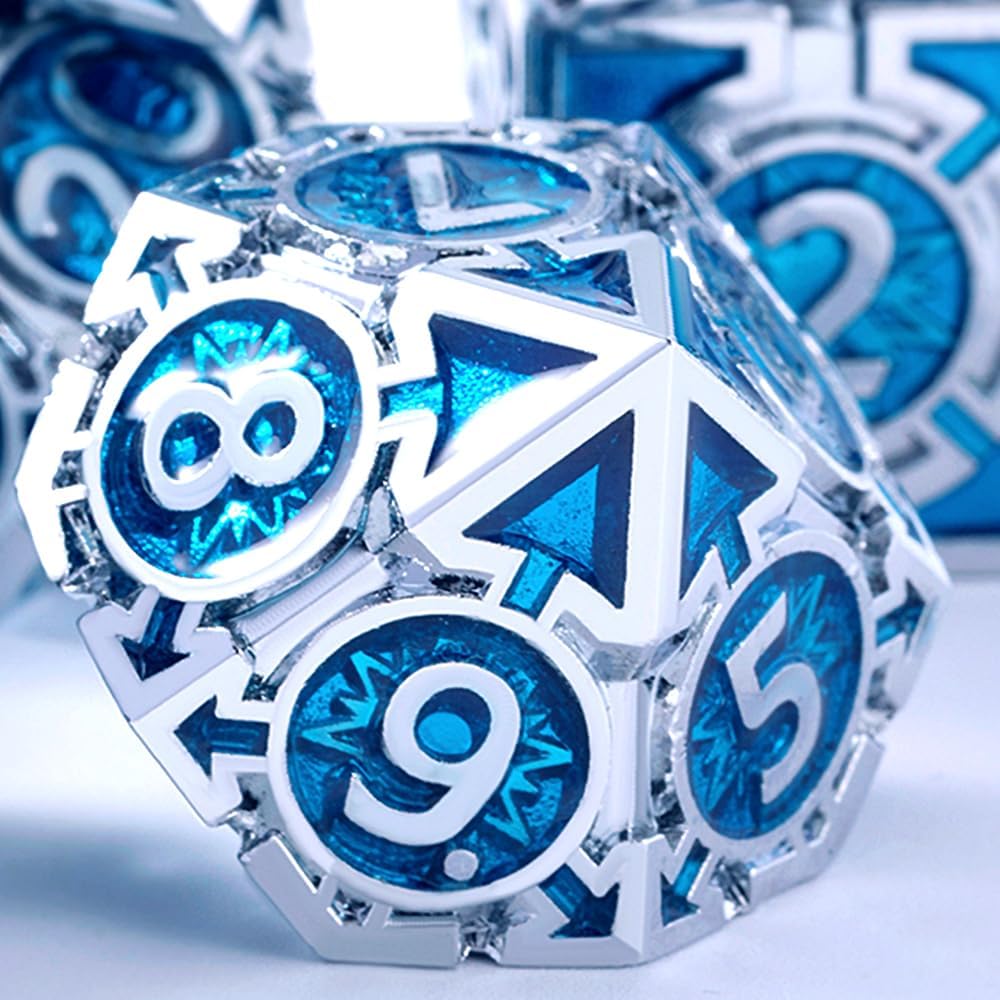 Rare Chrome-Plated DND Dice Set, Metal D&D Dice Sets Made of Durable Zinc Alloy，Dungeons and Dragons Dice with Gift Box, D and D Dice Set (Blue)