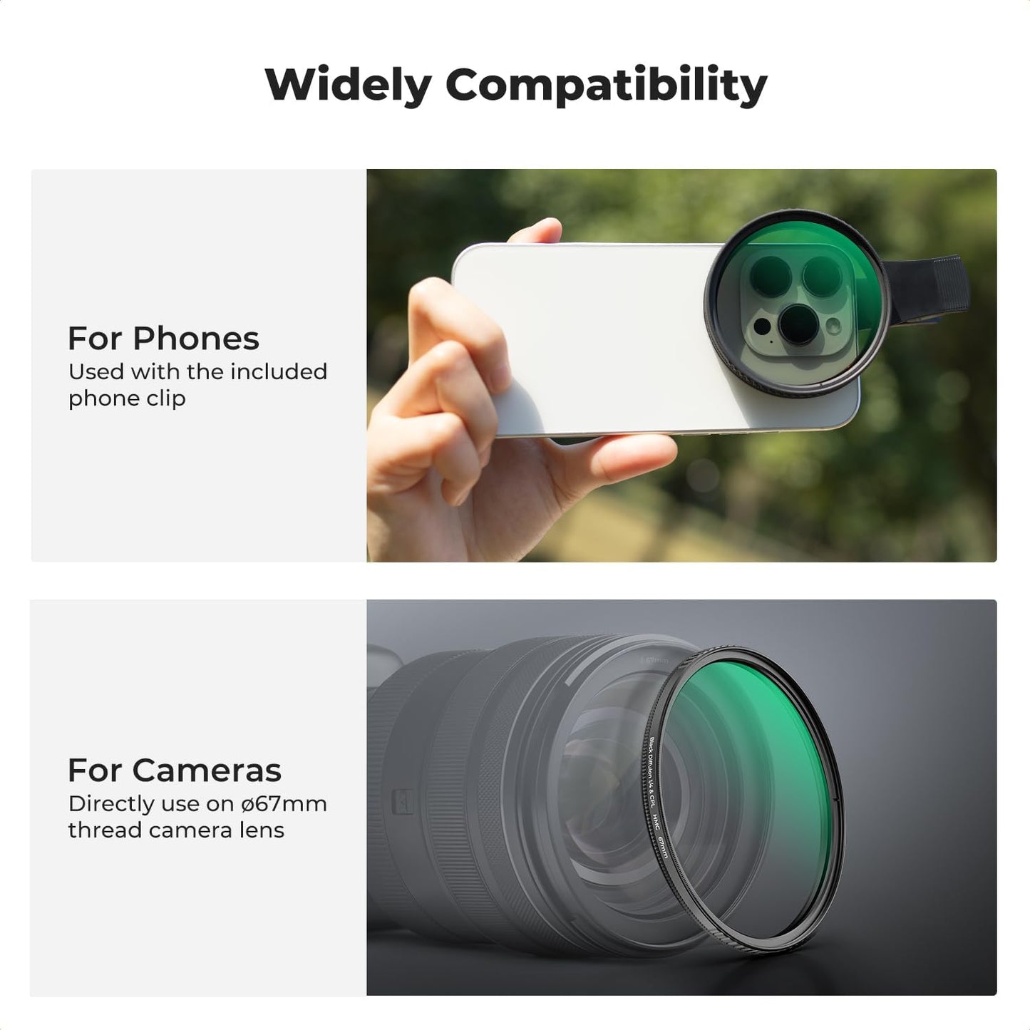 K&F Concept 67mm Clip-on Black Diffusion 1/4&CPL Phone Camera Lens Filter Kit, Mist Cinematic Effect Filter Compatible with iPhone 16 15 14 13 12 11, for Video/Vlog/Portrait Photography