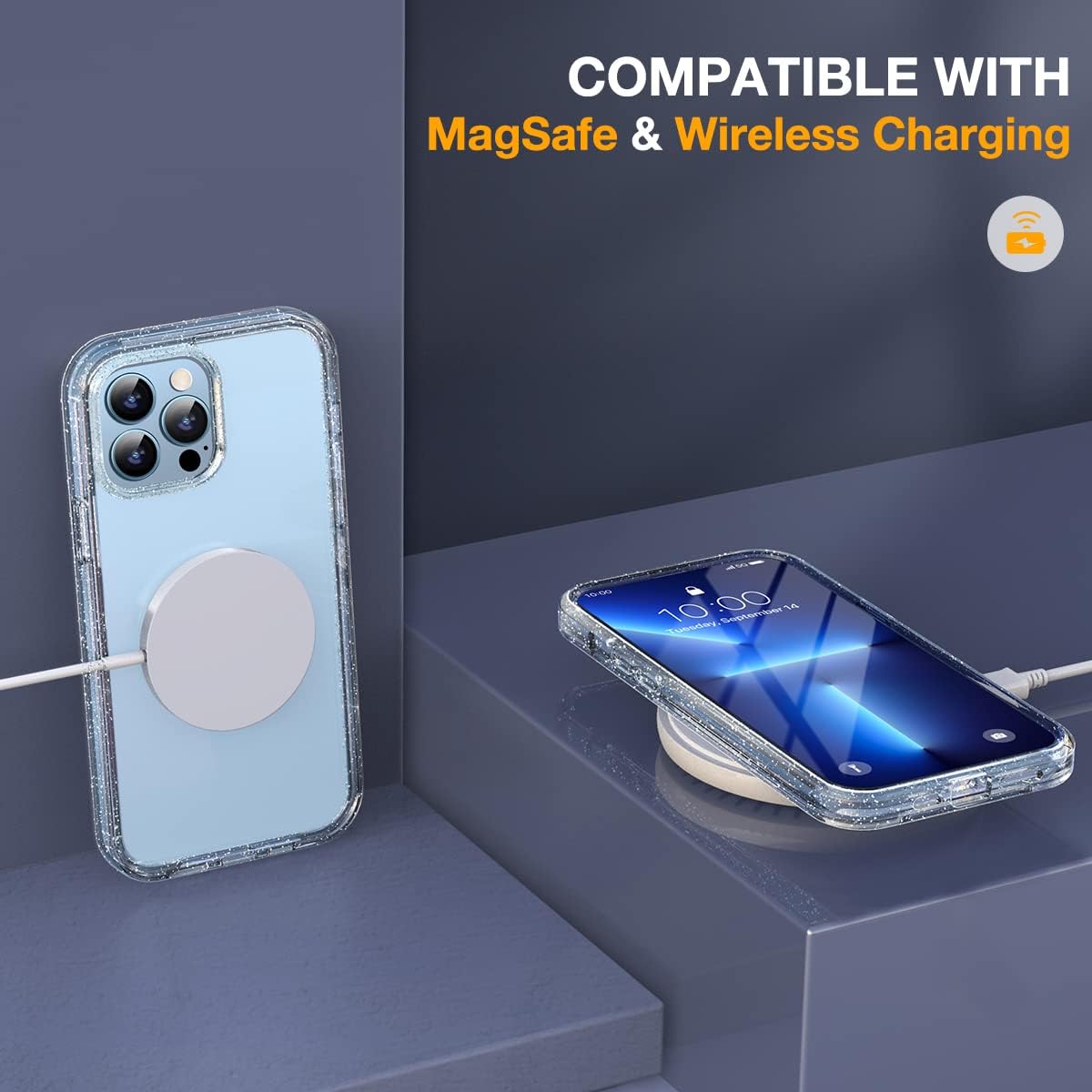 Miracase Glass Case for iPhone 13 Pro Max 6.7 inch, Upgrade Full-Body Clear Bumper Case with Built-in 9H Tempered Glass Screen Protector for iPhone 13 Pro Max, Clear Glitter