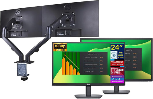 Dell 24" FHD VA (1920x1080) 60Hz Flicker Free Monitor, Anti-Glare Display, 1 x DisplayPort, 1 x VGA, VESA Mount (100x100mm), Home & Business, Black (2025) & ErgoFlexy Dual Monitor Mount(2Pack)