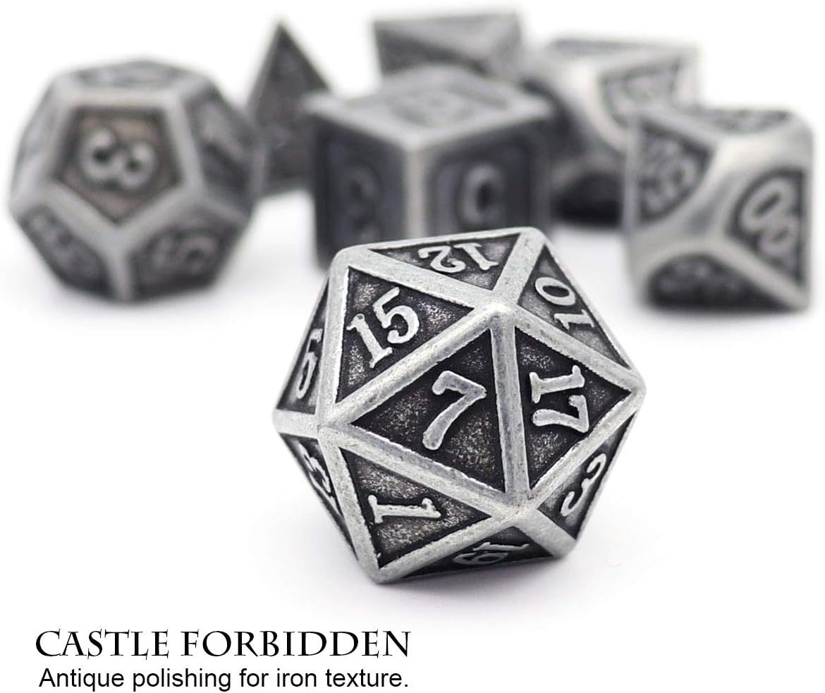 Haxtec Antique Iron Metal DND Dice Set Silver D&D Polyhedral Dice W/PU Leather Dice Bag Compatible with Dungeons and Dragons Gift TTRPG